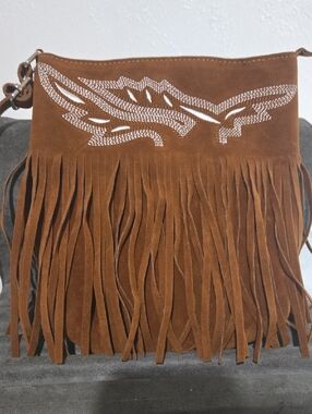 Suede Fringe Crossbody Bag in Chestnut Brown with Stitching Accent